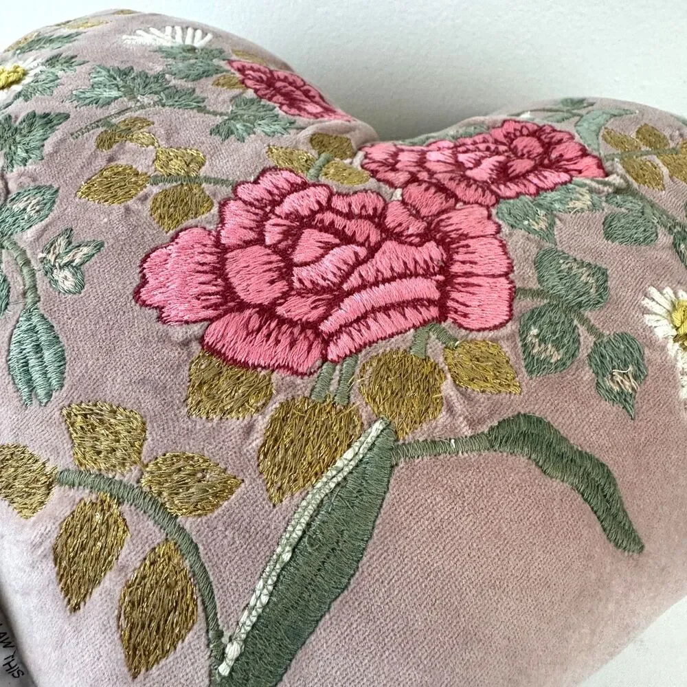 Pottery Barn Velvet Embroidered Heart Shaped Pillow Blush Pink Cottagecore Rare